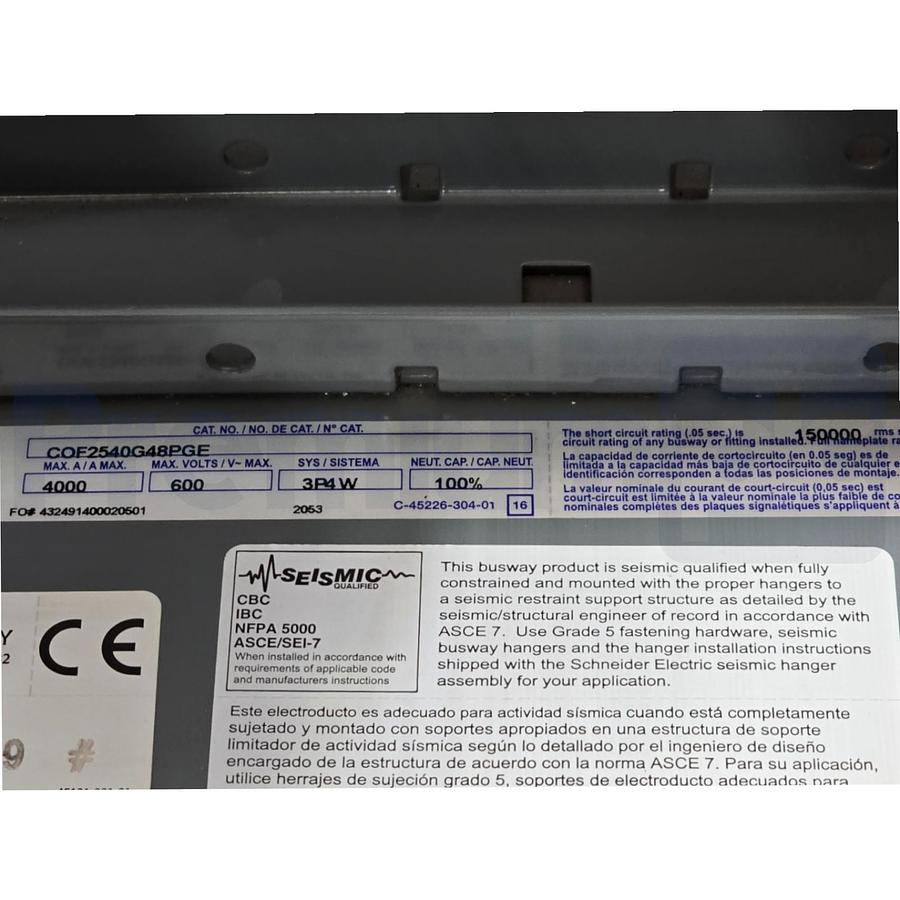 Used Square D COF2540G48PGE I-Line II Feeder Busway Straight 600VAC 4000A 3Ph 4W NEW