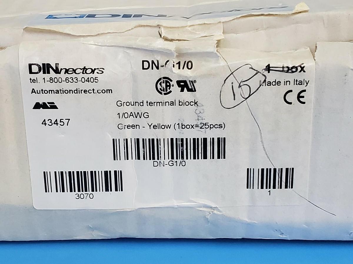 Used BOX OF 15 NEW AUTOMATION DIRECT DN-G1/0 TERMINAL BLOCKS GREEN-YELLOW 1/0AWG