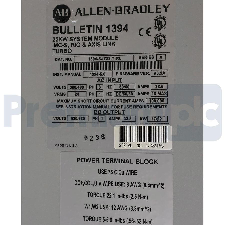 Used Allen Bradley 1394-SJT22-T-RL /A GMC Turbo System Module 22kW 360-480VAC 3P USPI