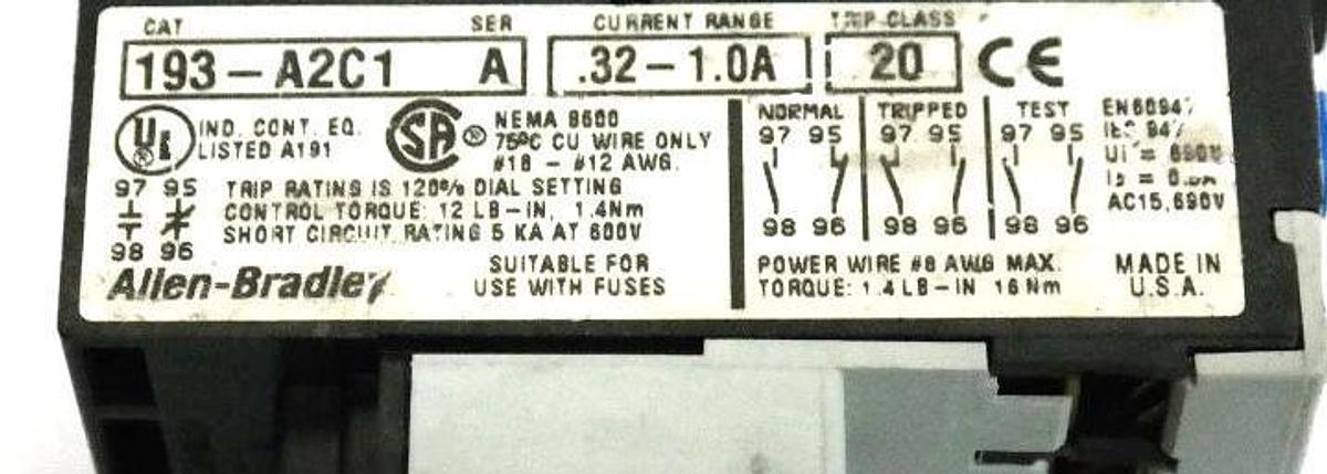 Used LOT OF 4 ALLEN BRADLEY 193-A2C1 OVERLOAD RELAYS 193A2C1, SER. A, TRIP CLASS 20
