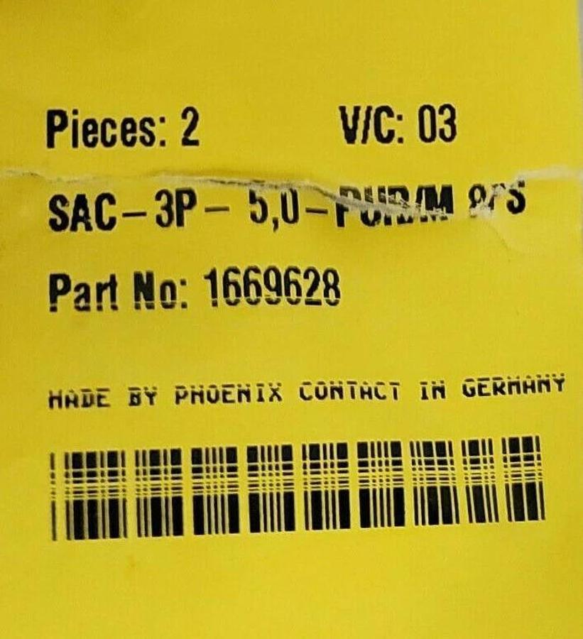 Used BAG OF 2 PHOENIX CONTACT SAC-3P- 5,0-PUR/M 8FS CABLES P/N: 1669628