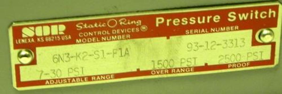 Used SOR STATIC O RING CONTROL DEVICES 6N3-K2-S1-F1A PRESSURE SWITCH 6N3K2S1F1A
