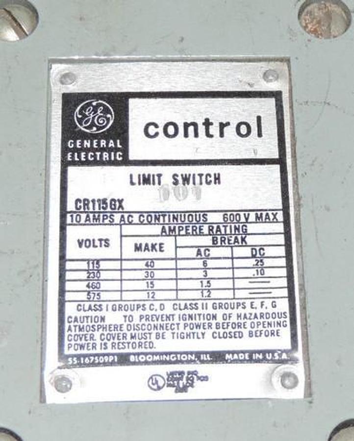 Used GENERAL ELECTRIC CR115GX101 LIMIT SWITCH 10AMP 600V MAX CR115-GX101