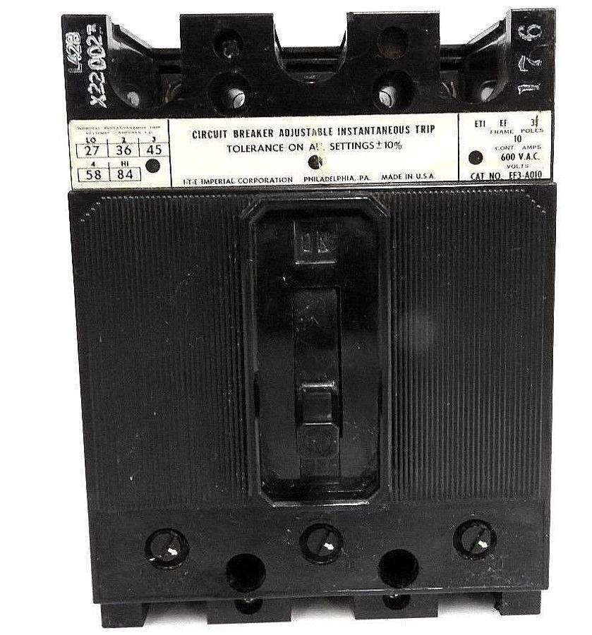 Used ITE SIEMENS EF3-A010 CIRCUIT BREAKER 10 AMPS, 600 VAC, 3 POLE, EF FRAME