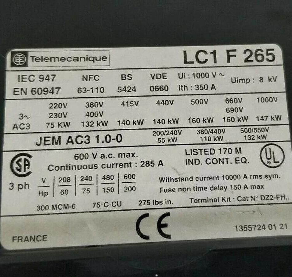 Used TELEMECANIQUE LC1-F265 CONTACTOR 265A 3P W/ LX1-FH-1272 COIL 120/127VAC LA1DN11