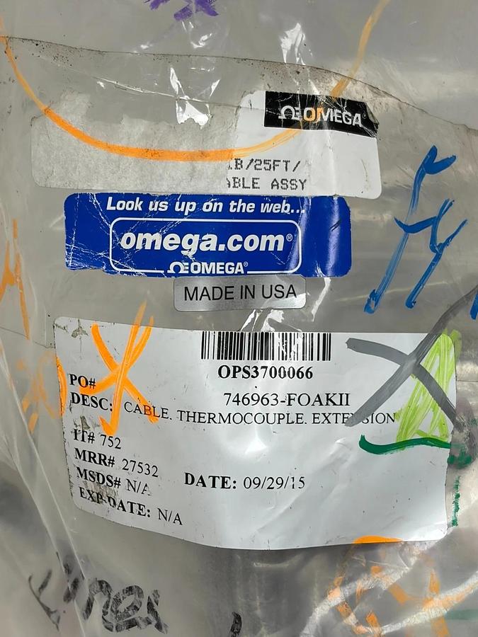 Omega Type K Thermocouple Probe & 25ft Extension Cable Set - New Surplus