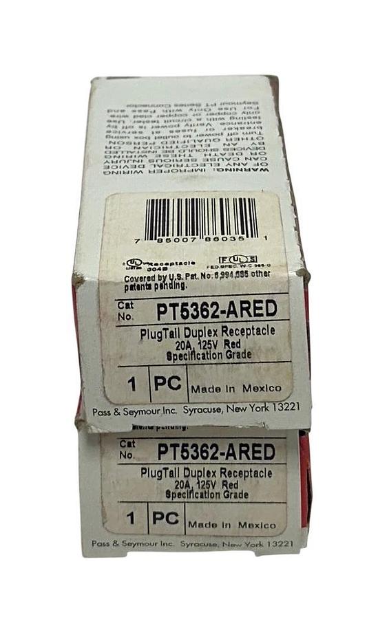 2 PASS & SEYMOUR LEGRAND PT5362-ARED / PT5362ARED DUPLEX RECEPTACLES 20A NSMP