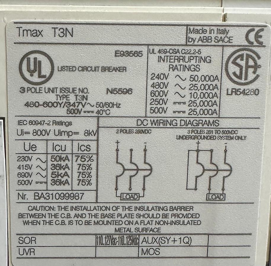 Used NEW ABB SACE T3N100TWS4 SACE Tmax T3 N 225 / TmaxT3N225 CIRCUIT BREAKER 100A 3-P