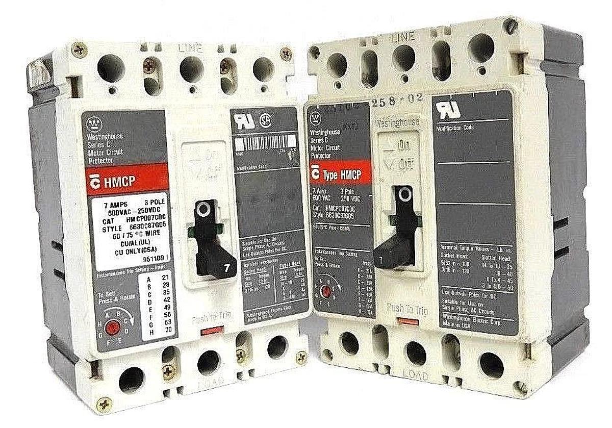 Used LOT OF 2 WESTINGHOUSE HMCP007C0C CIRCUIT BREAKERS STYLE# 6630C87G05, 7 AMP