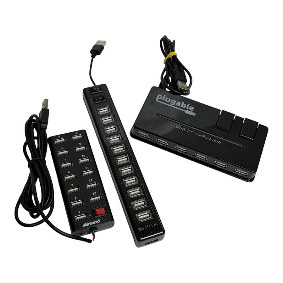 Used Lot of 3 High Capacity USB Hubs Plugable 10-Port Satechi 12-Port Inland 13-Port