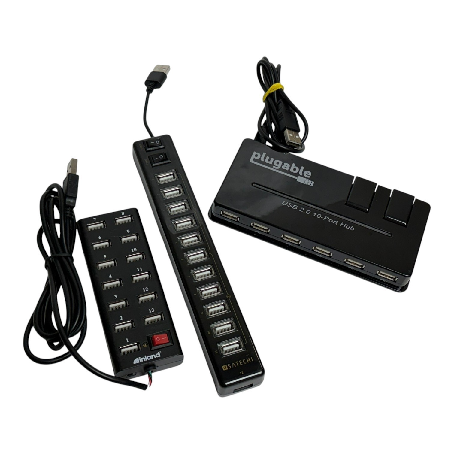 Used Lot of 3 High Capacity USB Hubs Plugable 10-Port Satechi 12-Port Inland 13-Port