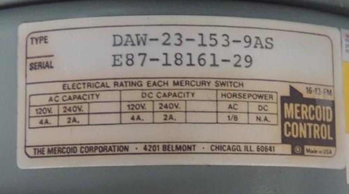 Used NIB MERCOID DAW-23-153-9AS PRESSURE SWITCH CONTROL DAW231539AS