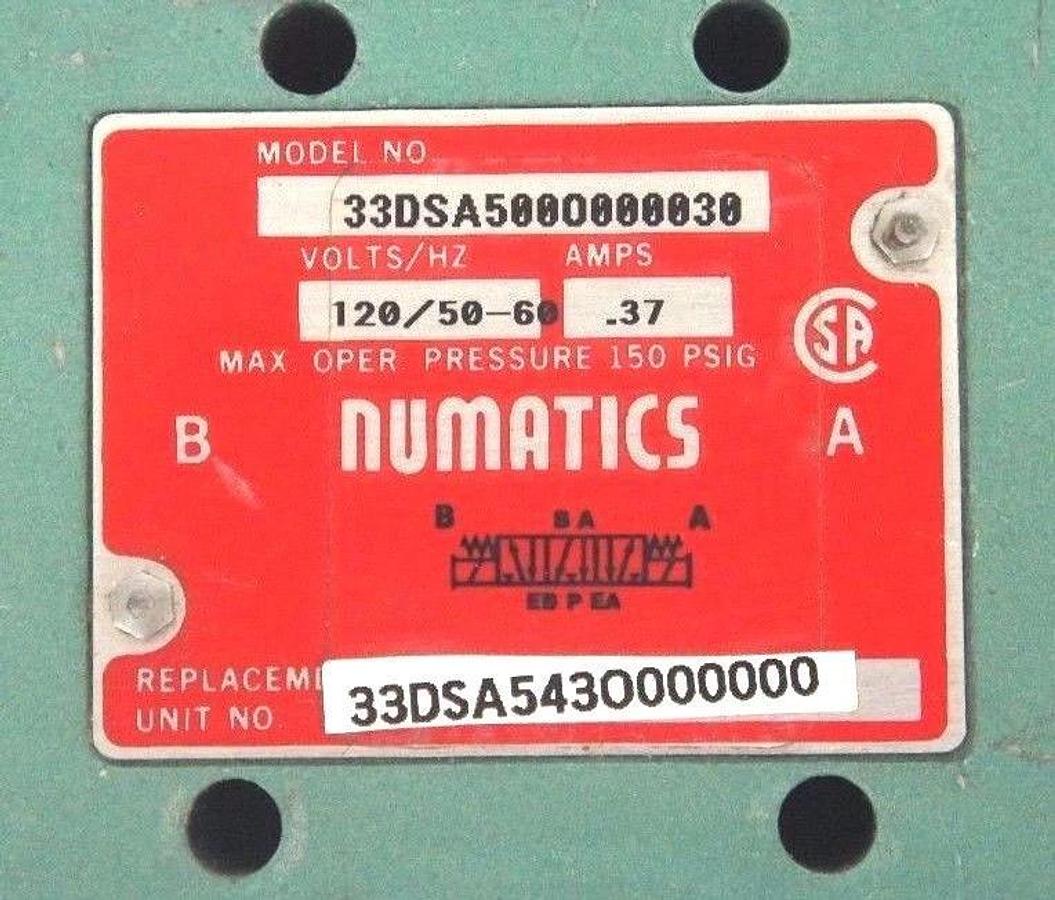 Used NUMATICS 33DSA500O000030 PNEUMATIC VALVE 120V, 50/60HZ, 0.37 AMP
