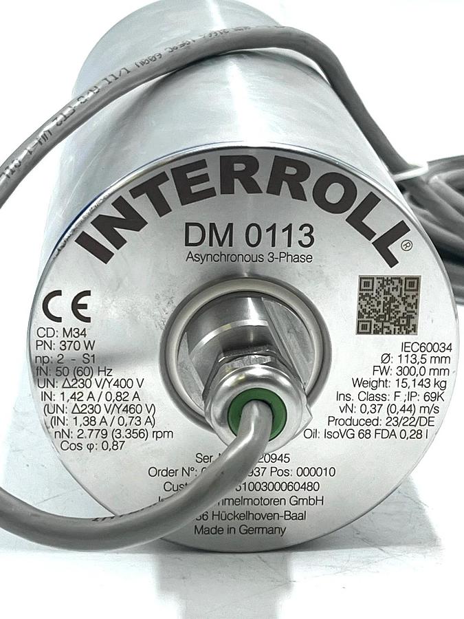 Interroll DM 0113 Drum Motor 370W 460V 3PH 113.5mm x 300mm FW IP69K NSNP
