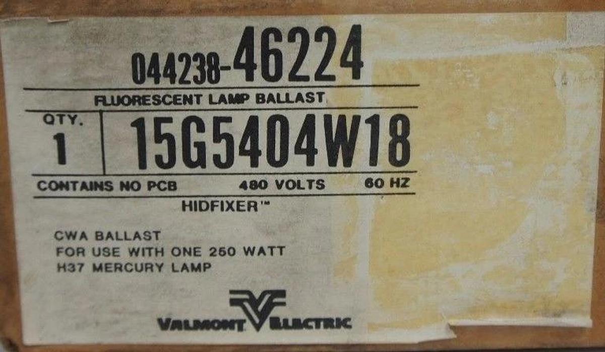 Used NIB VALMONT ELECTRIC 044238-46224 FLUORESCENT LAMP BALLAST, 15G5404W18 480V 60HZ