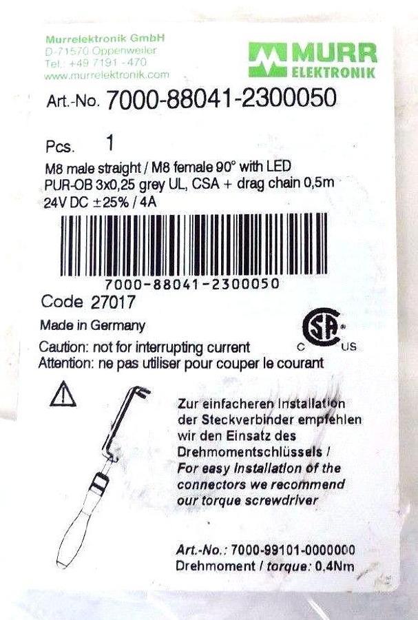 Used NIB MURR ELEKTRONIK 7000-88041-2300050 M8 MALE/FEMALE CONNECTOR 24VDC, 4A
