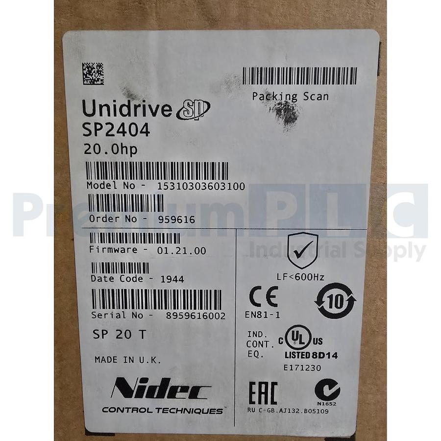 Used NEW NIDEC CONTROL TECHNIQUES SP2404 UNIDRIVE SP VFD DRIVE 20HP W/SM-KEYPAD NSMP