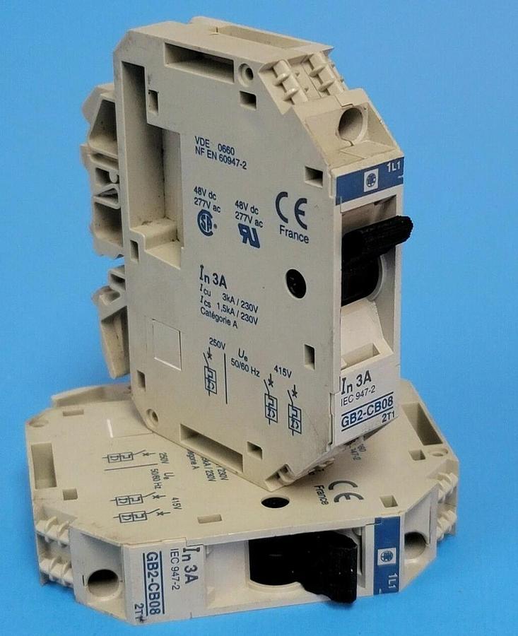 Used (2) TELEMECANIQUE GB2-CB08 THERMAL MAGNETIC CIRCUIT BREAKERS 3.0 AMP 1 POLE