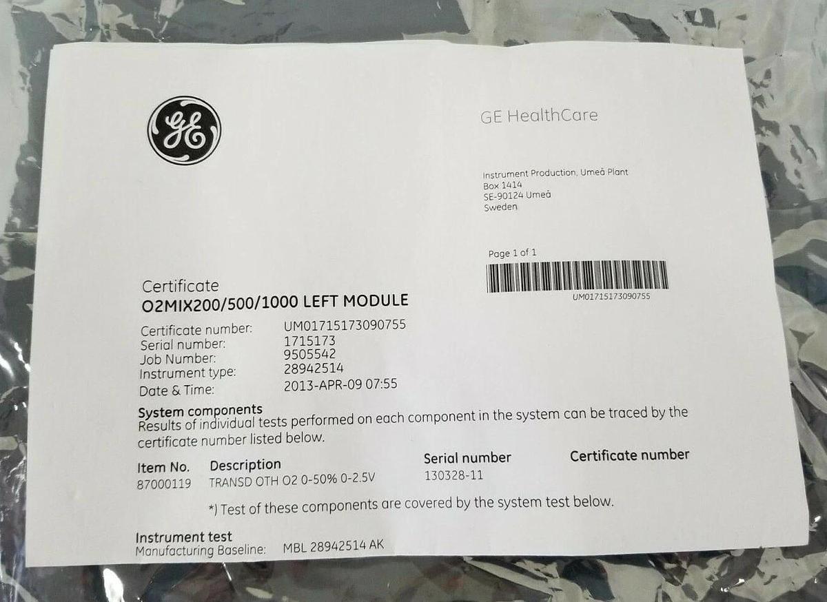 Used NIB GE HEALTHCARE O2MIX200/500/1000 LEFT O2 CONTROLLER 28422657 28-4116-57