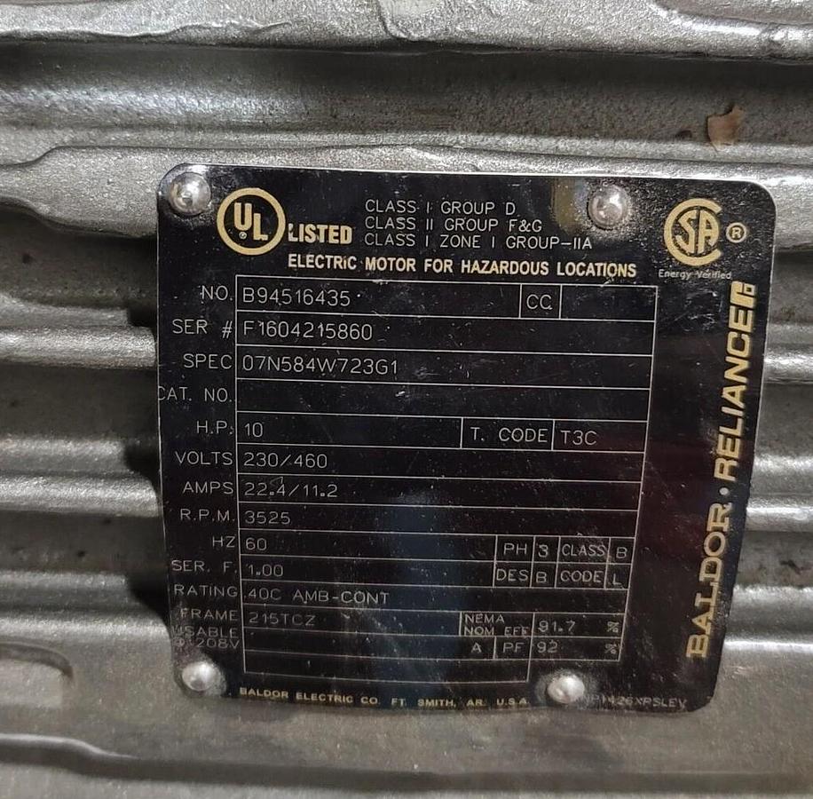 Used BALDOR RELIANCE ELECTRIC B94516435 ELECTRIC MOTOR 10HP 07N584W723G1
