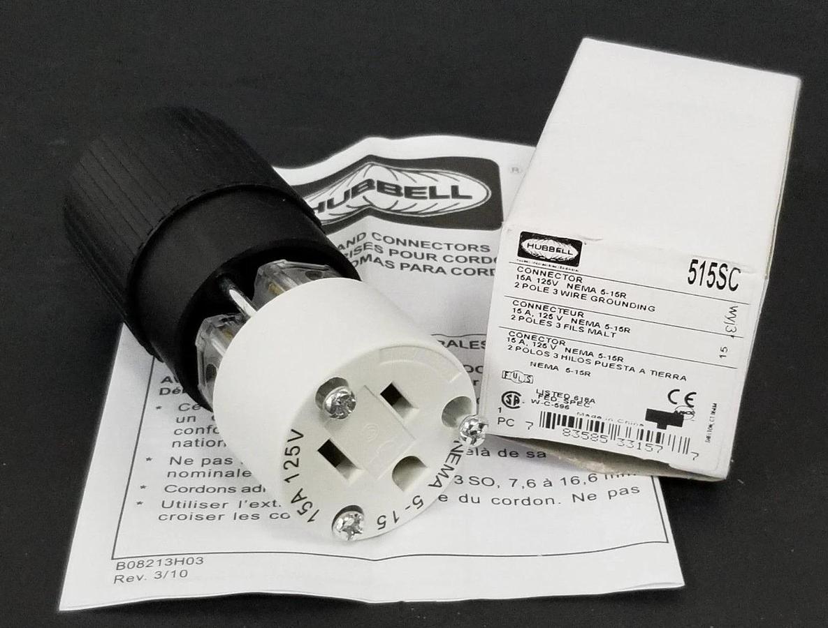 Used NIB HUBBELL 515SC CONNECTOR PLUG 15A 125V NEMA 5-15R FEMALE
