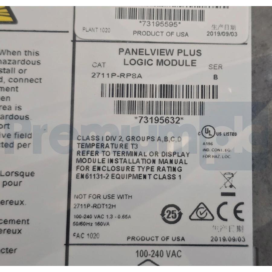 Used ALLEN BRADLEY 2711P-T15C4A8 / A PanelView Plus 6 1500 COLOR TERMINAL 15" NSMP