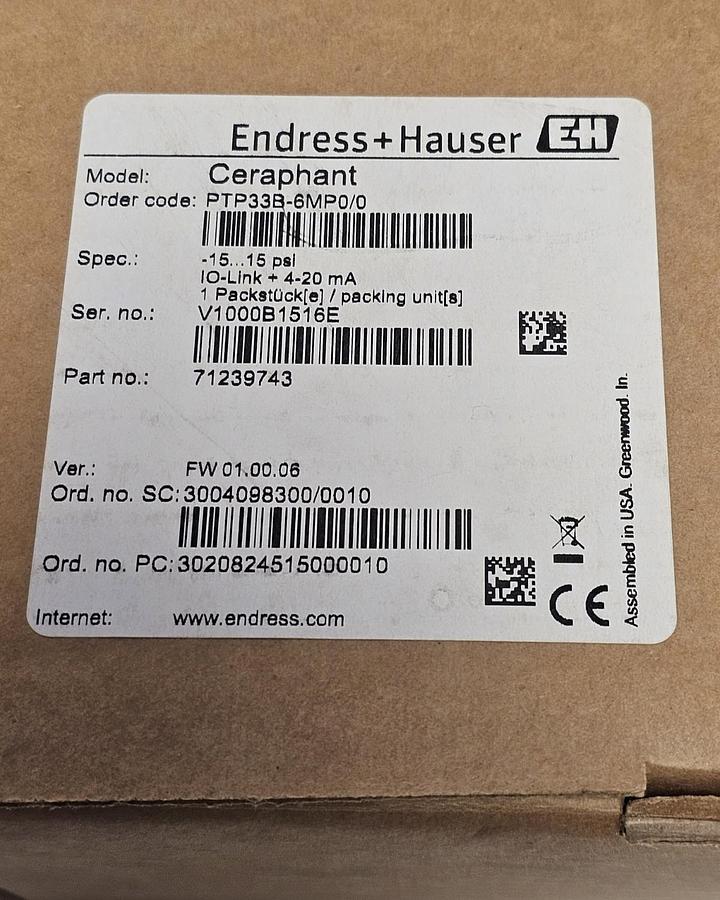 Used NIB ENDRESS+HAUSER PTP33B-AA7M1HGF3CJ PRESSURE SENSOR PTP33B / PTP33B-6MP0/0