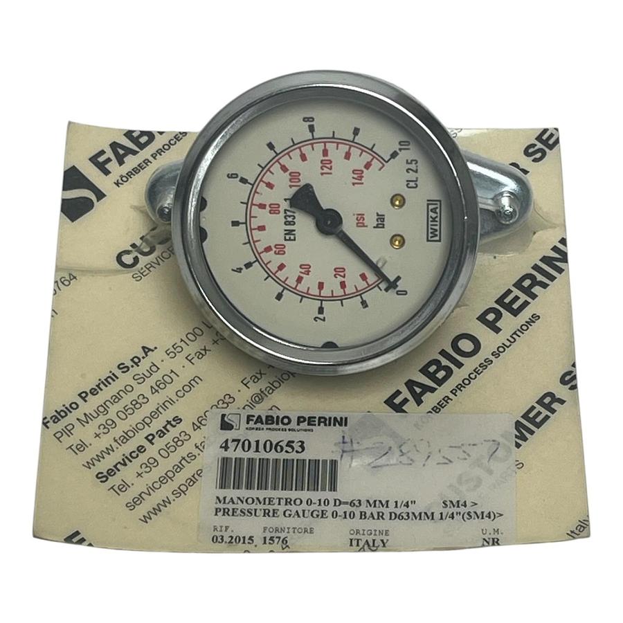 Used Fabio Perini 47010653 Pressure Gauge 0-10 Bar 63mm 1/4" NPT - NSFS