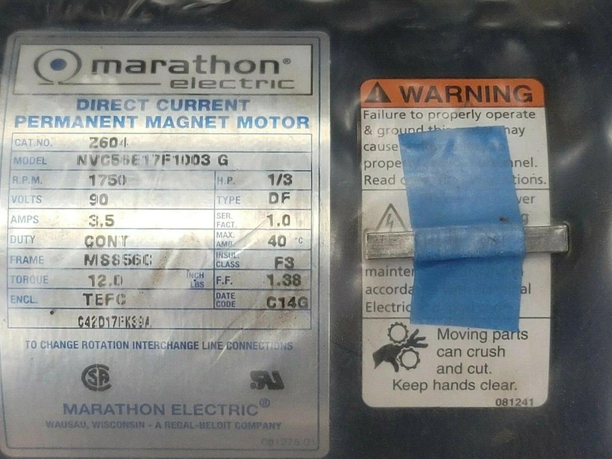 Used NEW MARATHON ELECTRIC Z604 MOTOR NVC56E17F1003 G 1/3 HP 1750 RPM 90 V 3.5 AMP