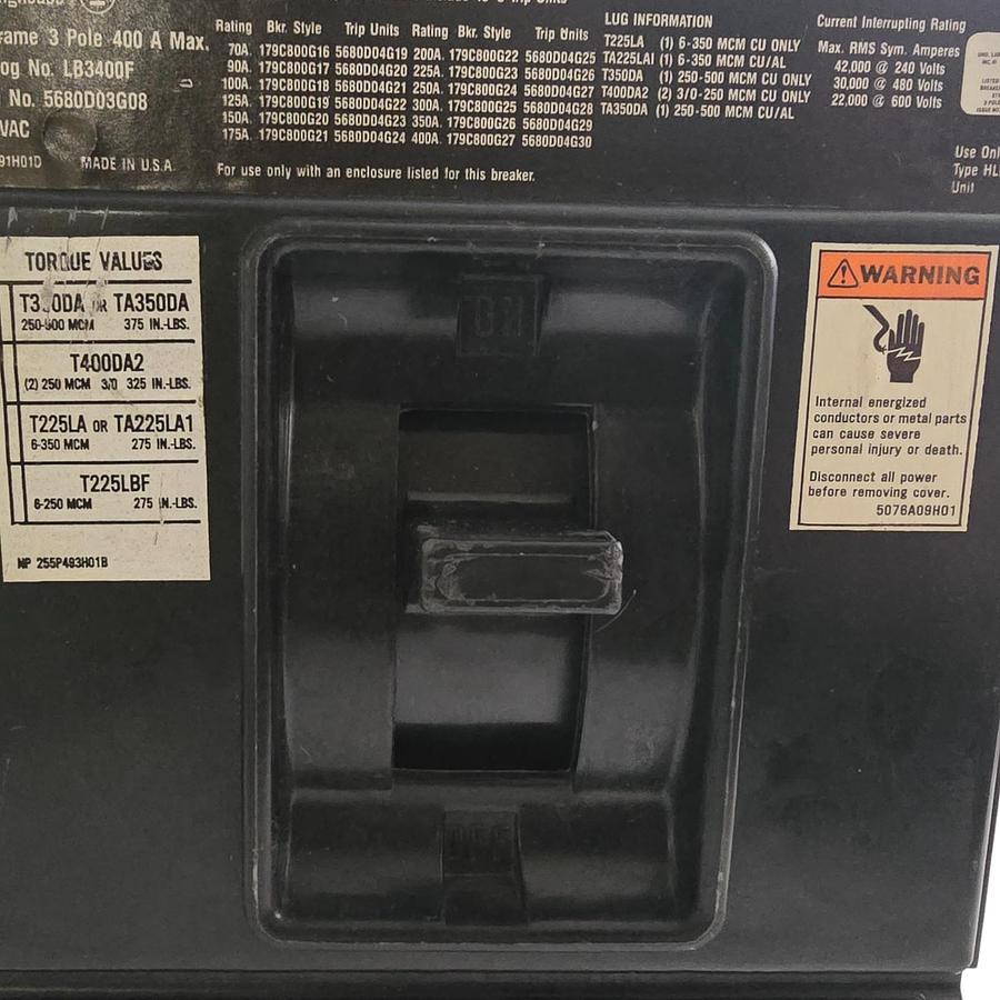 Used EATON WESTINGHOUSE LB3400F CIRCUIT BREAKER 3P 400A 5680D03G08 w/ 300A TRIP NSNP