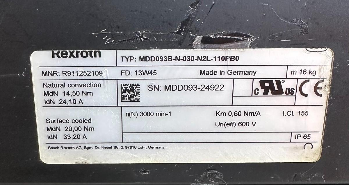 Used NEW BOSCH REXROTH MDD093B-N-030-N2L-110PB0 MDD SERVO MOTOR 14.5Nm R911252109