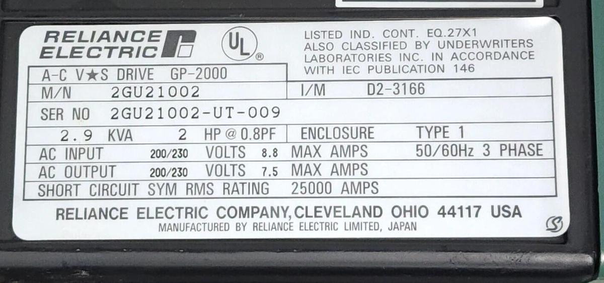 Used RELIANCE ELECTRIC 2GU21002 AC VS DRIVE GP-2000 2.9kVA 2HP I/M D2-3166