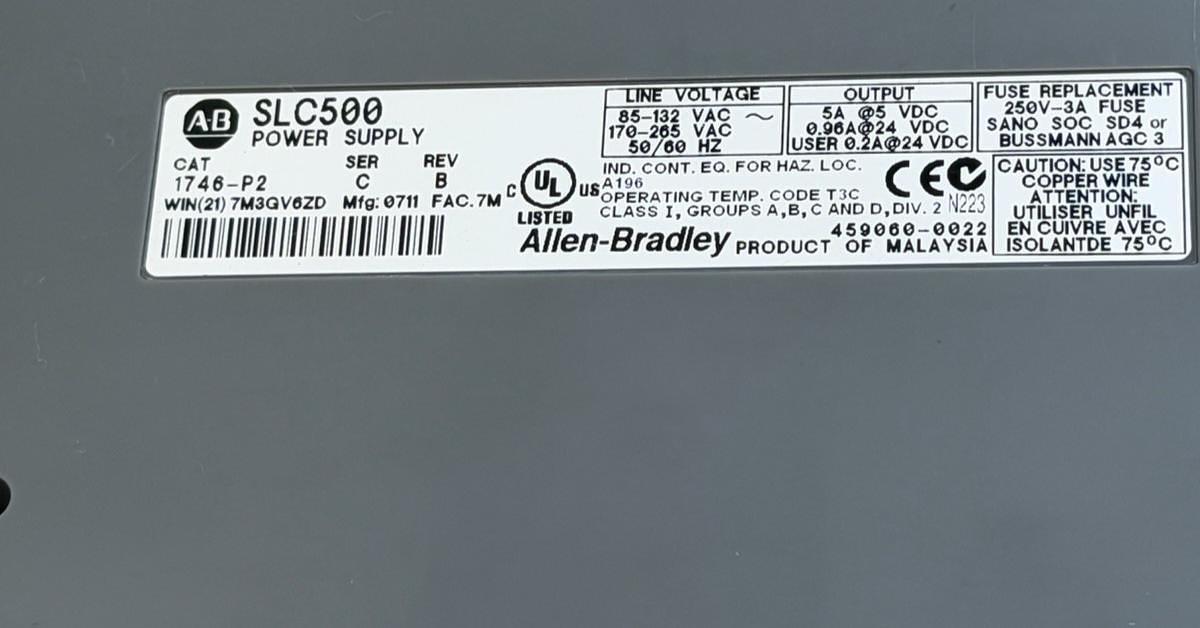 Used ALLEN BRADLEY 1746-P2 /C SLC 500 POWER SUPPLY W/ 1746-A7 /B SLOT RACK 7-SLOT