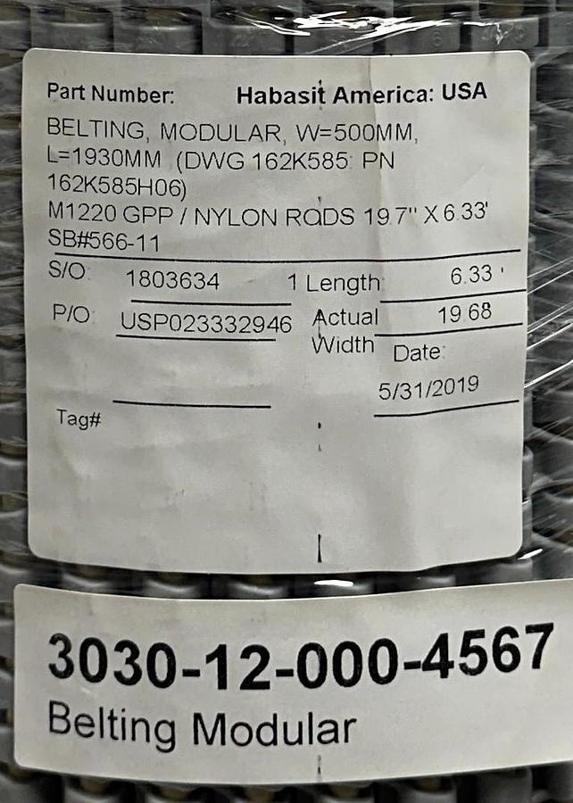 Used HABASIT AMERICA 162K585H06 / M1220 MODULAR BELTING W=500mm L=1930mm GPP NSNP