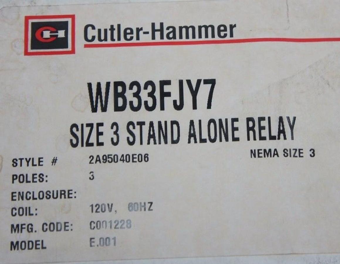 Used NEW CUTLER HAMMER WB33FJY7 SIZE 3 STAND ALONE RELAY 2A95040E06 MODEL: E.001