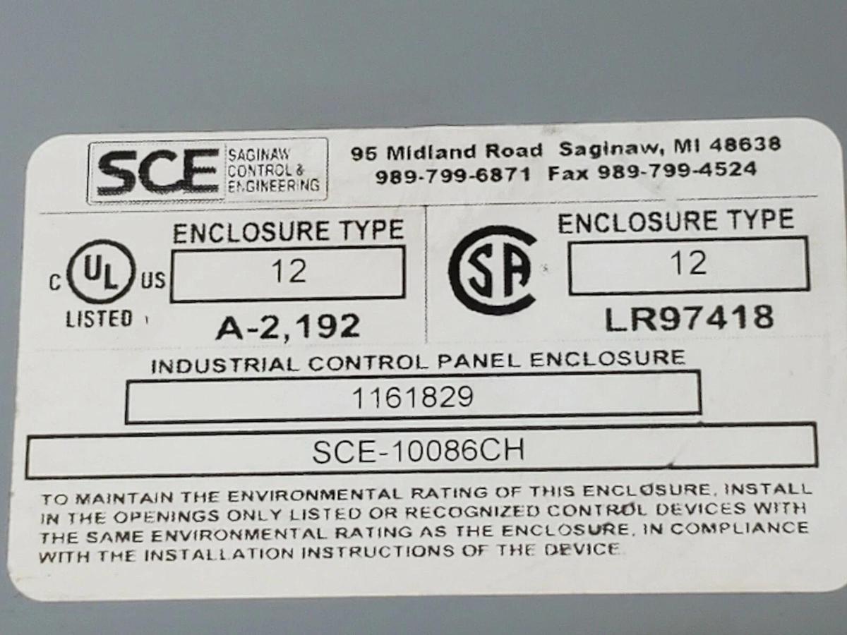 Used SAGINAW CONTROL & ENGINEERING SCE-10086CHNF INDUSTRIAL CONTROL PANEL ENCLOSURE