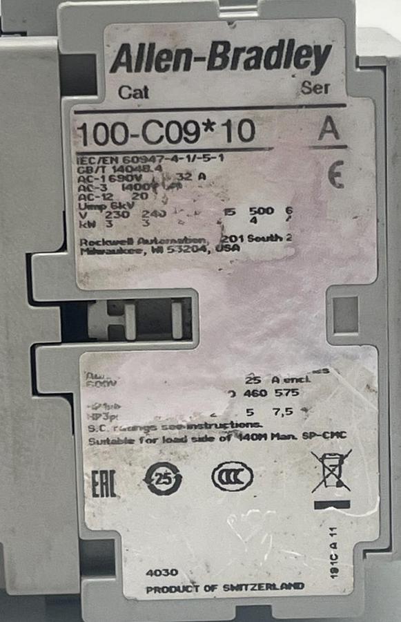 Used ALLEN BRADLEY 100-C09*10 SER A IEC CONTACTOR 3-POLE 9A, 110/120V 100-C09D10 NSNP