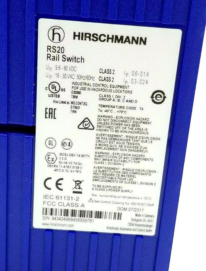 NEW HIRSCHMANN RS20 8-PORT ETHERNET SWITCH RS20-0800T1T1EDBUHH / 943-434-999
