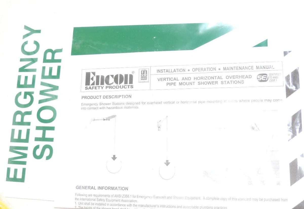 Used NEW ENCON 1054003 EMERGENCY VERTICAL AND HORIZONTAL OVERHEAD PIPE MOUNT SHOWER