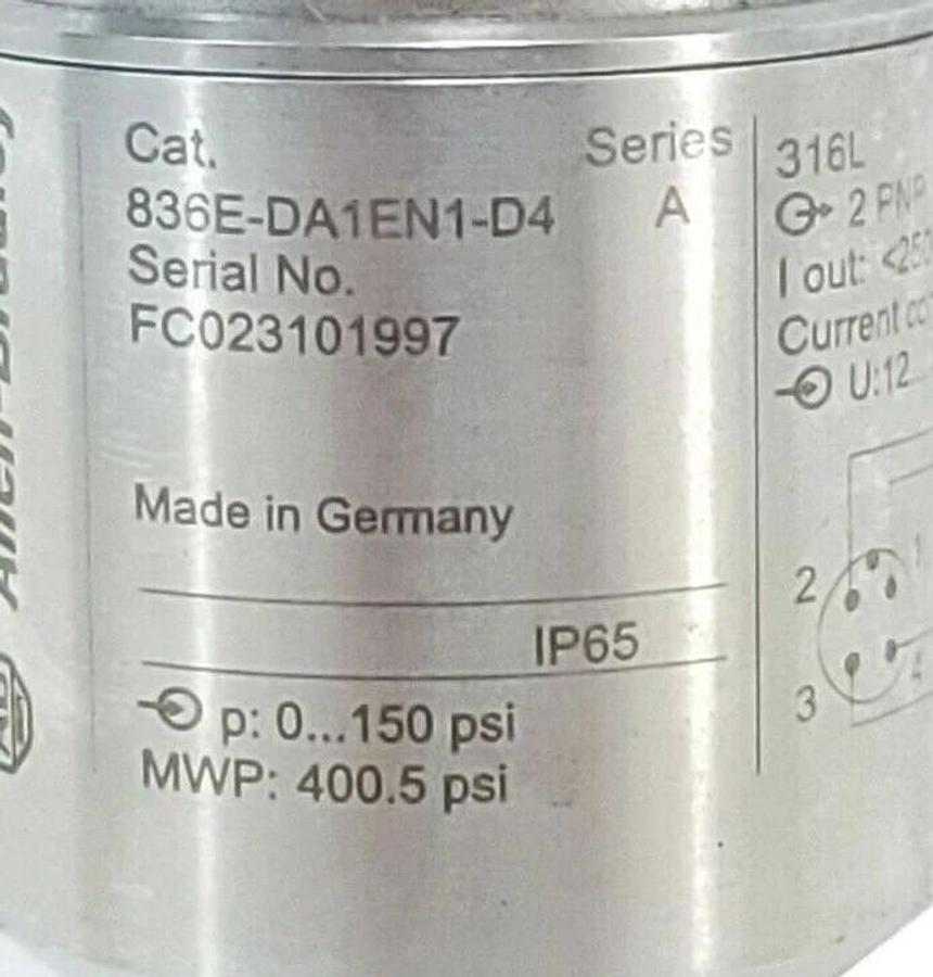 Used ALLEN BRADLEY 836E-DA1EN1-D4 PRESSURE SWITCH SOLID STATE 0-145PSI 1/4'' SER. A