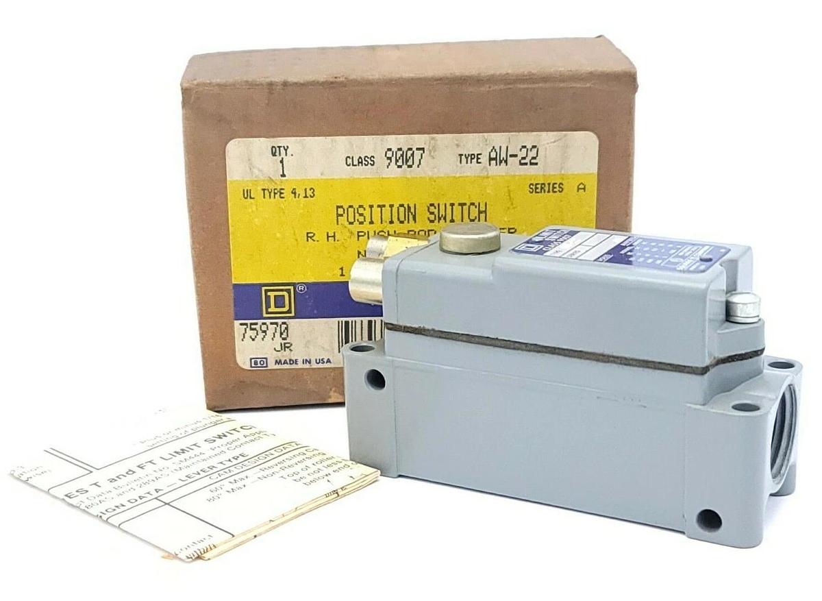 Used NIB SQUARE D 9007-AW-22 POSITION SWITCH R.H PUSH ROD PLUNGER 9007AW22 SER. A