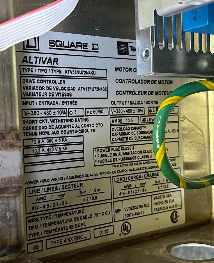 Used SQUARE D TELEMECANIQUE ATV58NU72N4KU Altivar 58 DRIVE CONTROLLER 5HP/4kW 480V