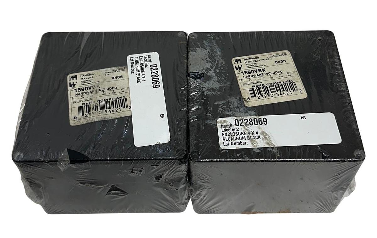 Used 2 HAMMOND MANUFACTURING 1590VBK BLACK ALUMINUM ENCLOSURES DIE CAST NSMP