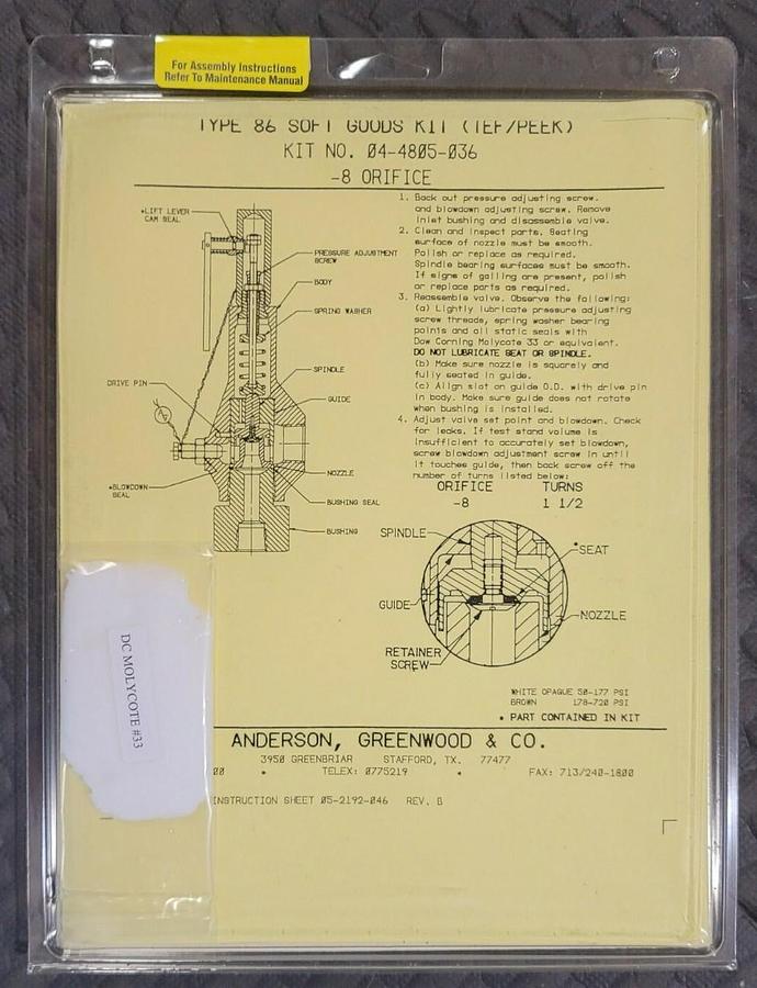 NEW ANDERSON GREENWOOD CROSBY 04.4805.036 TYPE 86 SOFT GOODS KIT