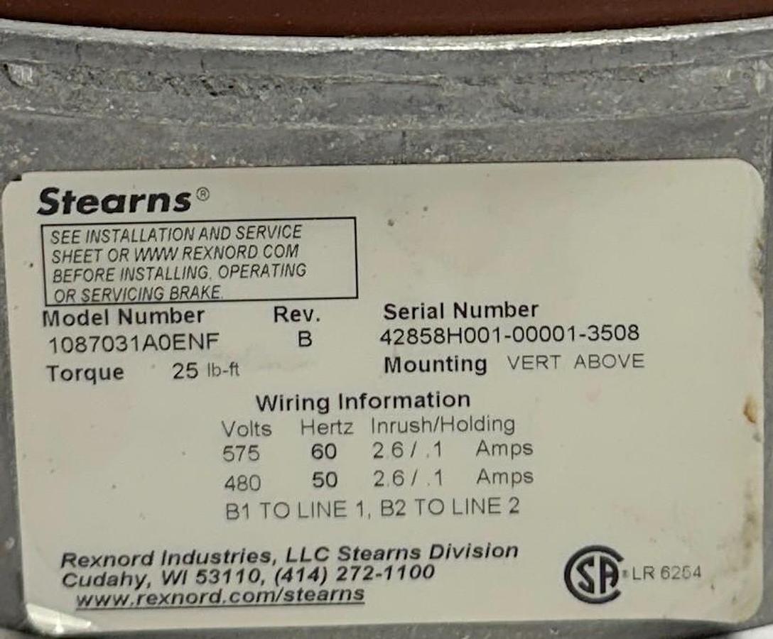 Used STEARNS 1087031A0ENF Rev. B BRAKE ASSEMBLY 25LB-FT VERTICAL MOUNT 480-575V NSNP
