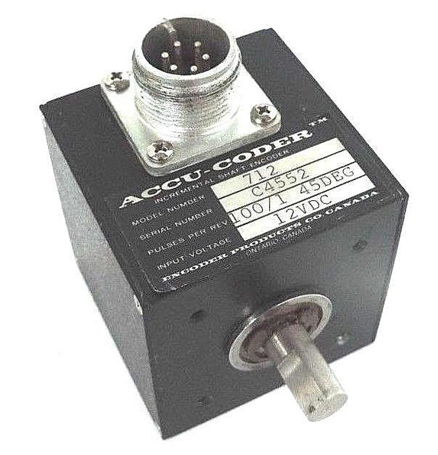 Used ACCU-CODER 712 INCREMENTAL SHAFT ENCODER, 100/1 45DEG, 12VDC