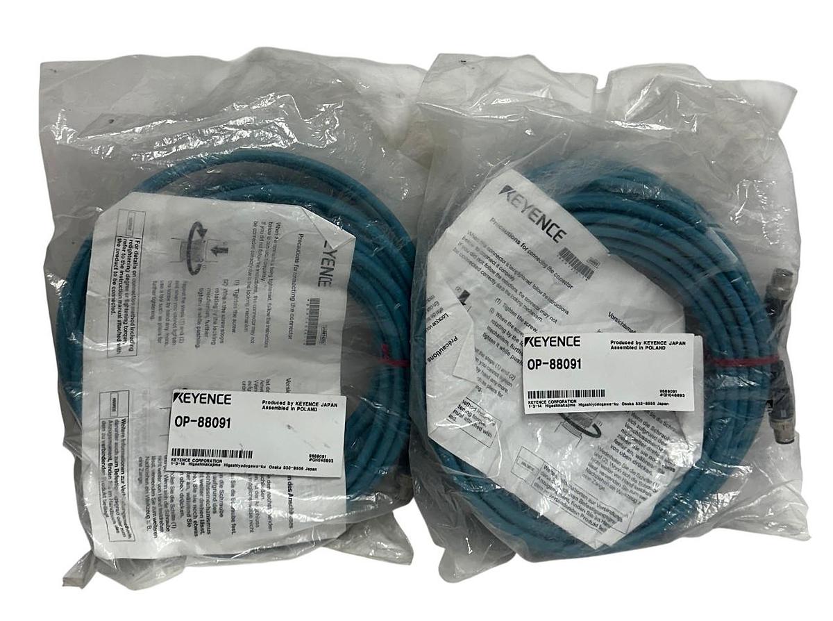 Used 2 KEYENCE OP-88091 / OP88091 OEM EtherNet CABLES M12 4-PIN 10M LENGTH NSFS