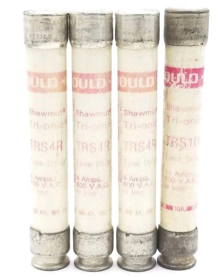 Used LOT OF 4 GOULD SHAWMUT TRI-ONIC TIME-DELAY FUSES TRS4R, TRS10R