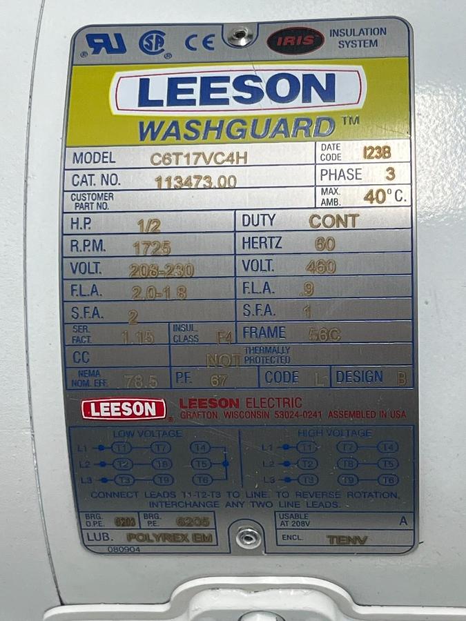 Used Leeson Washguard 1/2 HP Electric Motor 113473.00 Model C6T17VC4H New Surplus
