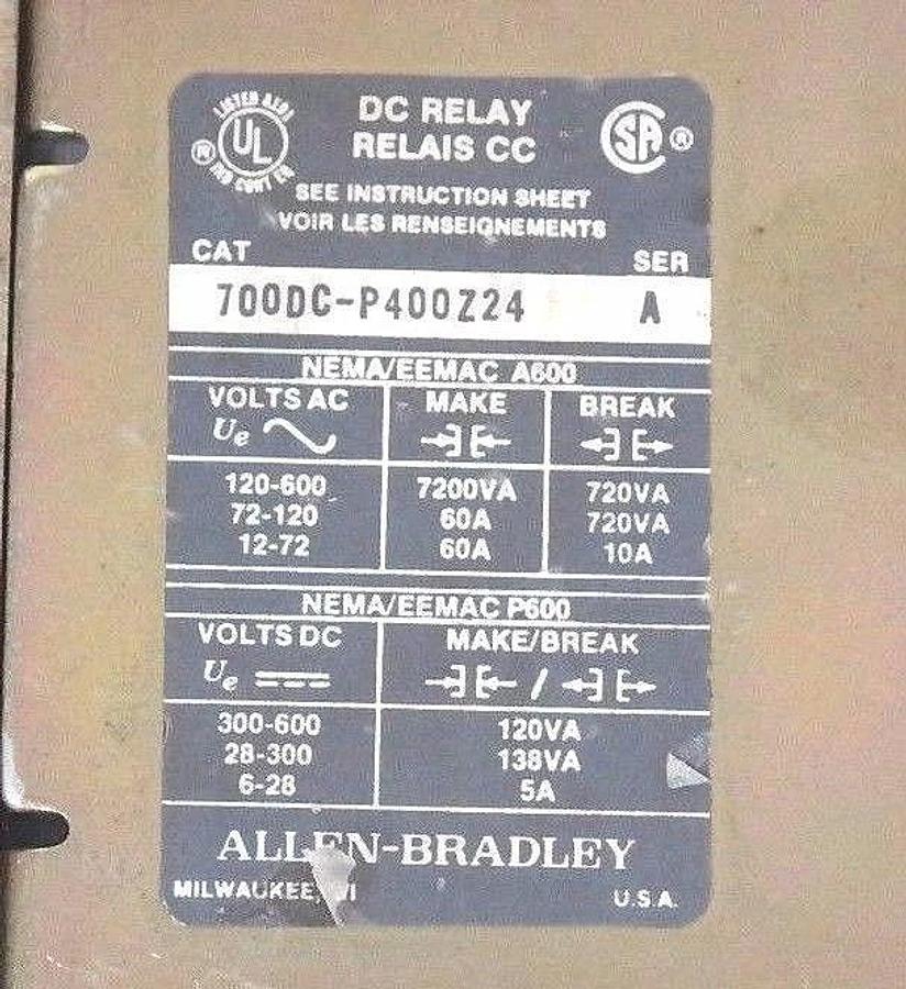 Used ALLEN BRADLEY 700DC-P400Z24 DC RELAY SER. A, TYPE P, 24VDC, PD714 COIL